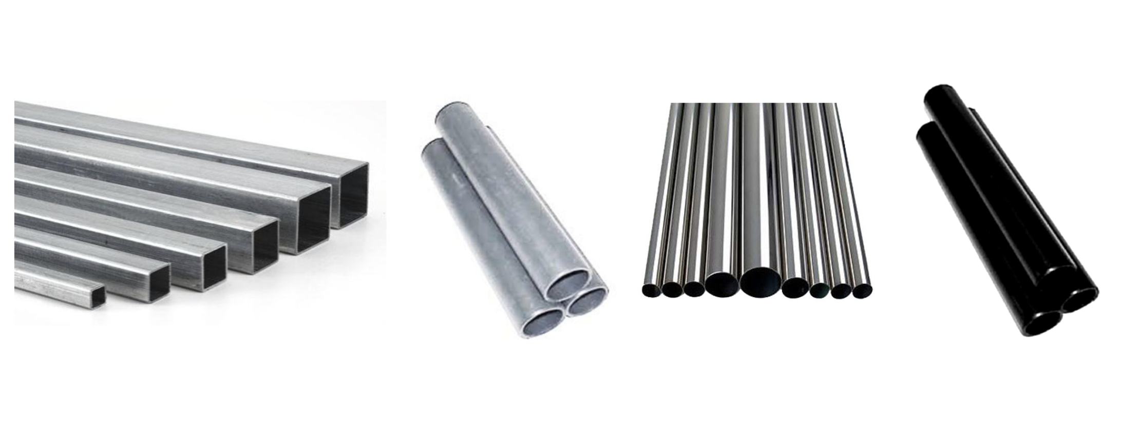 An image of four groups of pipes. On the left side square pipes arranged from small to large. The next group is three generic gray pipes. Next a group of 10 shiny pipes orinted vercally with the largest diameter pipes in the center. The last group is three generic black pipes